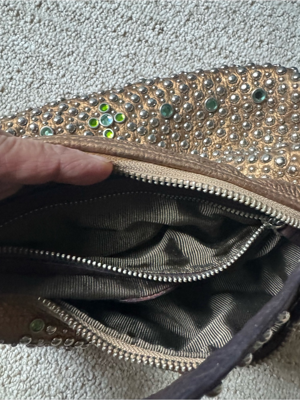 Y2K G Series Cole Haan Bronze Leather Studded Crystal Hobo Shoulder Bag - Picture 13 of 16